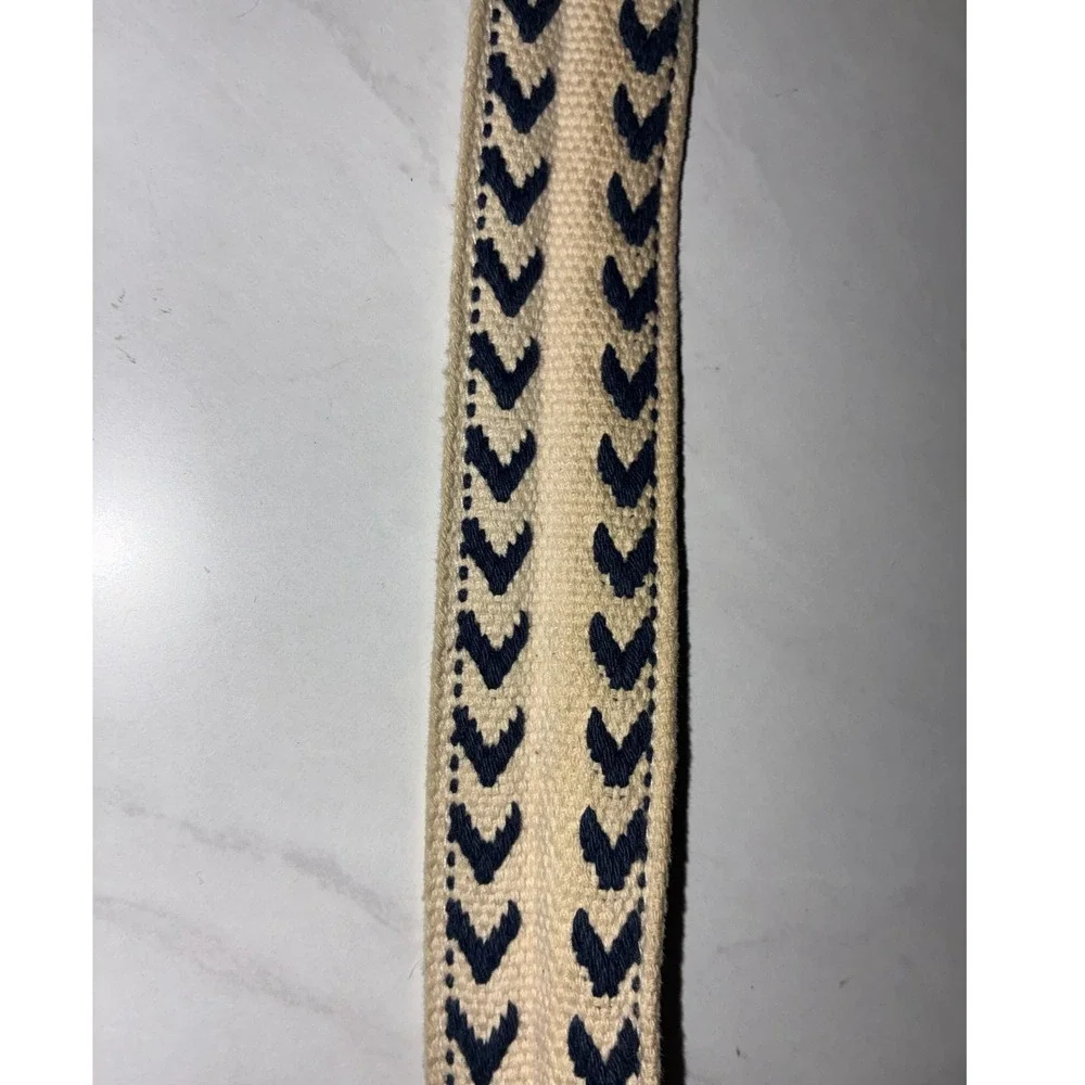 J.Crew Cream Navy D-Ring Belt - L/XL - Leather Trim Chevron Canvas Preppy Boho